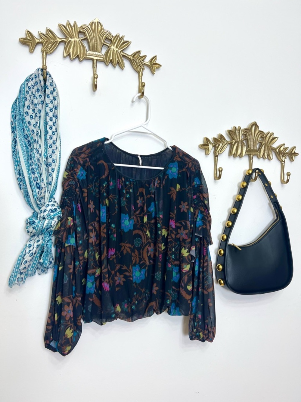 Free People Black Floral Sheer Peasant Blouse with Turquoise & Pink Accents - Picture 2 of 5